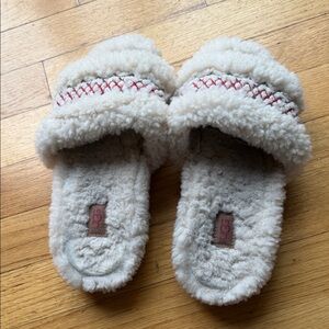 UGG Cream Shearling Slide Slippers with Red Stitching